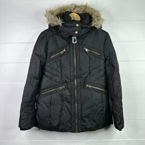 METAPHOR Black Polyester Puffer Faux Fur Hood Lined Jacket Coat‎ Size Small
